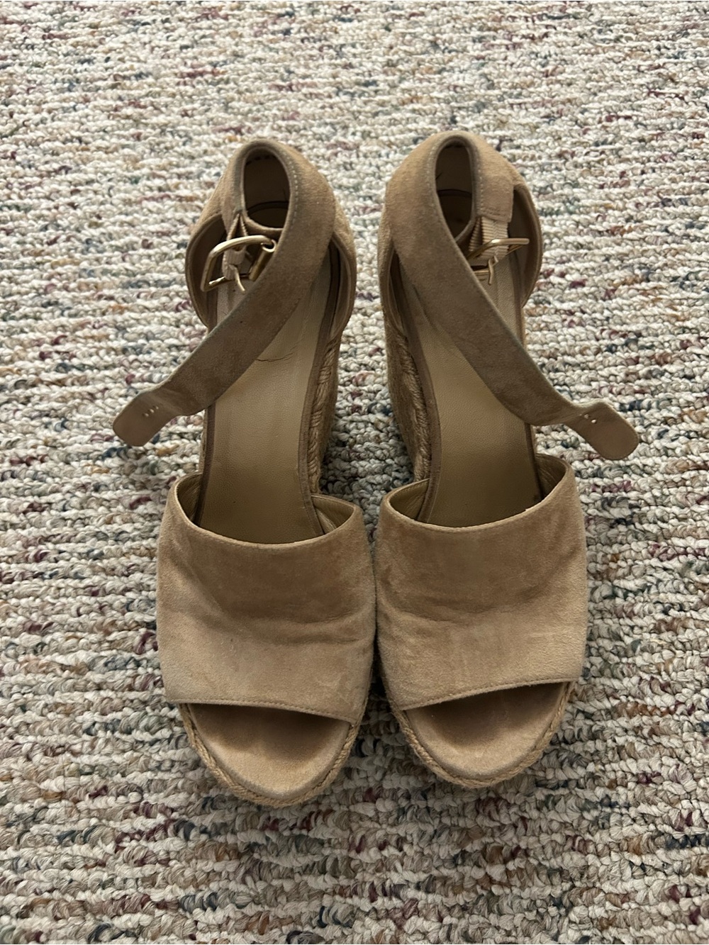 Stuart Weitzman Tan Suede Espadrille Wedge Sandals